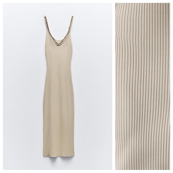 NWT. Zara Light Khaki Chain Trim Ribbed Knit Midi Dress. Size M. - Picture 5 of 10